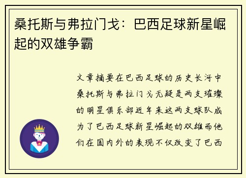 桑托斯与弗拉门戈：巴西足球新星崛起的双雄争霸